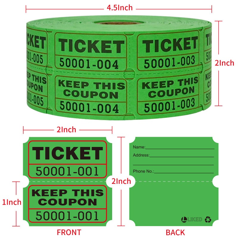 L LIKED Raffle Tickets Double Rolls 1000 Per Roll 50/55 Raffle Tickets for Events,Carnivals, Entry, Class Reward, Prizes(Green) - Image 3