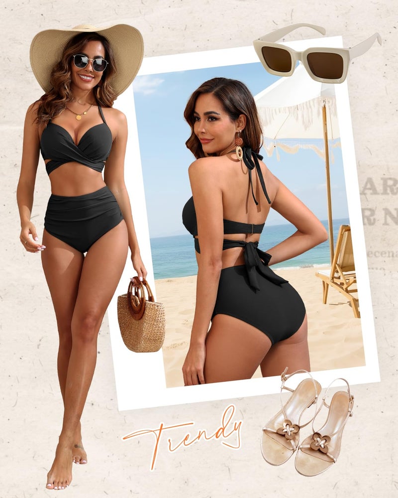 Tempt Me Black High Waisted Underwire Bikini Sets - Women 2025 Two Piece Swimsuits Halter Bathing Suits with Tummy Control Bottom L - Image 3