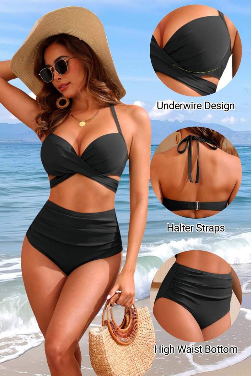 Tempt Me Black High Waisted Underwire Bikini Sets - Women 2025 Two Piece Swimsuits Halter Bathing Suits with Tummy Control Bottom L - Image 4