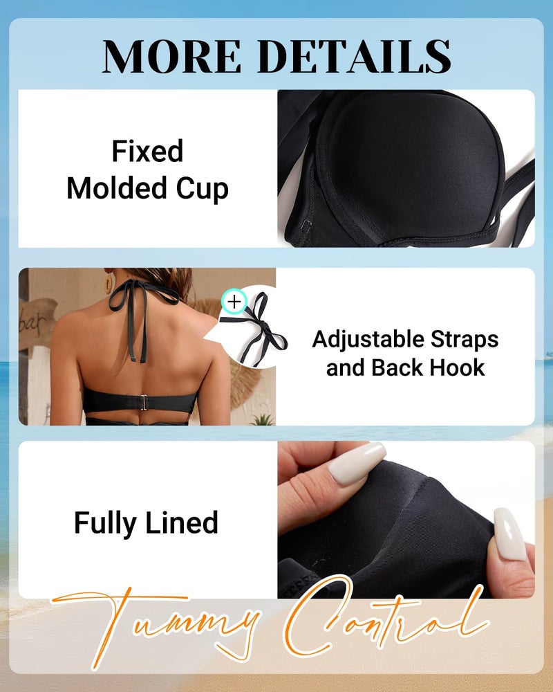 Tempt Me Black High Waisted Underwire Bikini Sets - Women 2025 Two Piece Swimsuits Halter Bathing Suits with Tummy Control Bottom L - Image 5