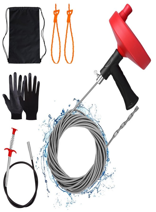 Ginbel Direct Drain Auger 33 ft, Plumbing Snake Hair Clog Remover Drain Snake Flexible Grabber Heavy Duty Sink Cleaner Tools for Shower Bathtub Bathroom Kitchen Pipe, Red - Image 1