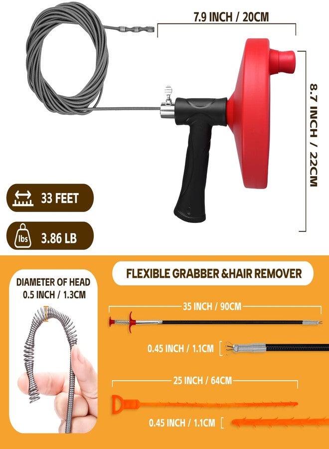 Ginbel Direct Drain Auger 33 ft, Plumbing Snake Hair Clog Remover Drain Snake Flexible Grabber Heavy Duty Sink Cleaner Tools for Shower Bathtub Bathroom Kitchen Pipe, Red - Image 2