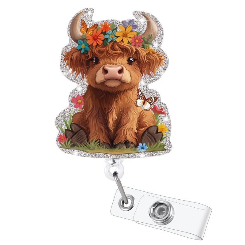 BEZTN Funny Badge Reel, Cute Highland Cow Retractable ID Card Badge Holder, Name Tag Pediatric Badge Clip for NICU RN LPN CNA MA ER Night Shift Nurse Nursing Student OB/GYN ICU Doctor Teacher, Nurse Gifts - Image 1