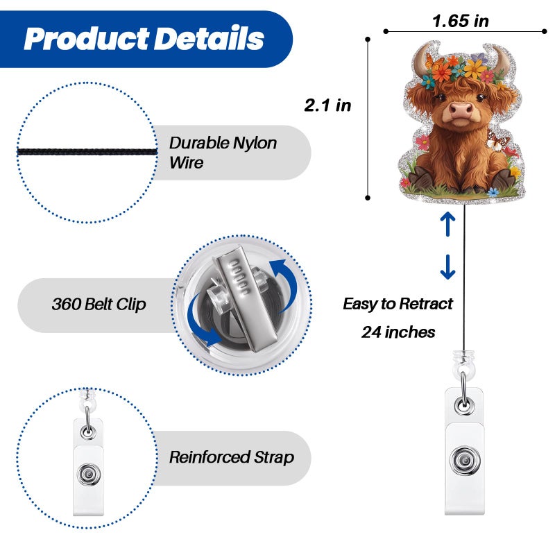 BEZTN Funny Badge Reel, Cute Highland Cow Retractable ID Card Badge Holder, Name Tag Pediatric Badge Clip for NICU RN LPN CNA MA ER Night Shift Nurse Nursing Student OB/GYN ICU Doctor Teacher, Nurse Gifts - Image 5