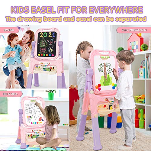 Mojitodon Art Easel for Kids, Adjustable Standing Rotatable Double Sided Easel with Painting Accessories for Toddlers Boys and Girls-Pink - Image 4
