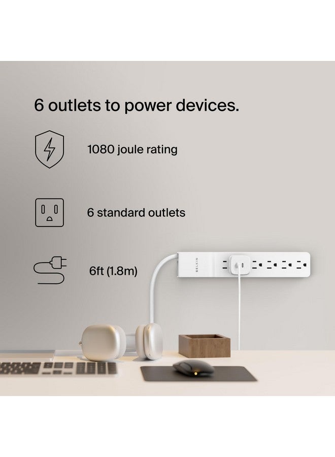 بيلكين شريط طاقة بيلكين بستة منافذ مع واقي من زيادة التيار الكهربائي مع قابس دوار مسطح، سلك بطول 6 أقدام - مثالي للأجهزة الإلكترونية الشخصية والأجهزة الصغيرة والمزيد (1080 جول)، أبيض، عبوة من 6 قطع بطول 6 أقدام - Image 1