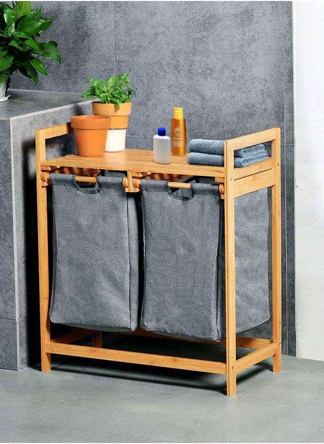 Cady One Bamboo Laundry Basket with Storage Rack and Organizer and 2 Sections with Removable Slide-Out Bags  - Image 1
