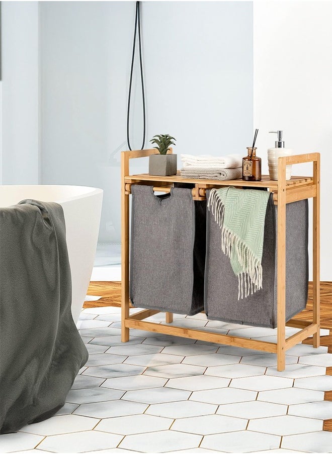 Cady One Bamboo Laundry Basket with Storage Rack and Organizer and 2 Sections with Removable Slide-Out Bags  - Image 2