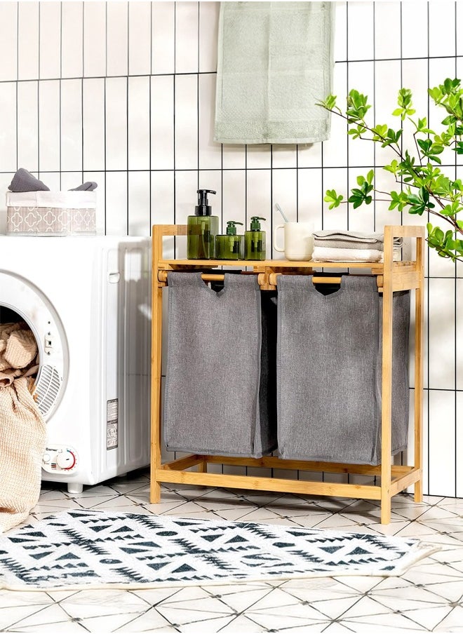 Cady One Bamboo Laundry Basket with Storage Rack and Organizer and 2 Sections with Removable Slide-Out Bags  - Image 3
