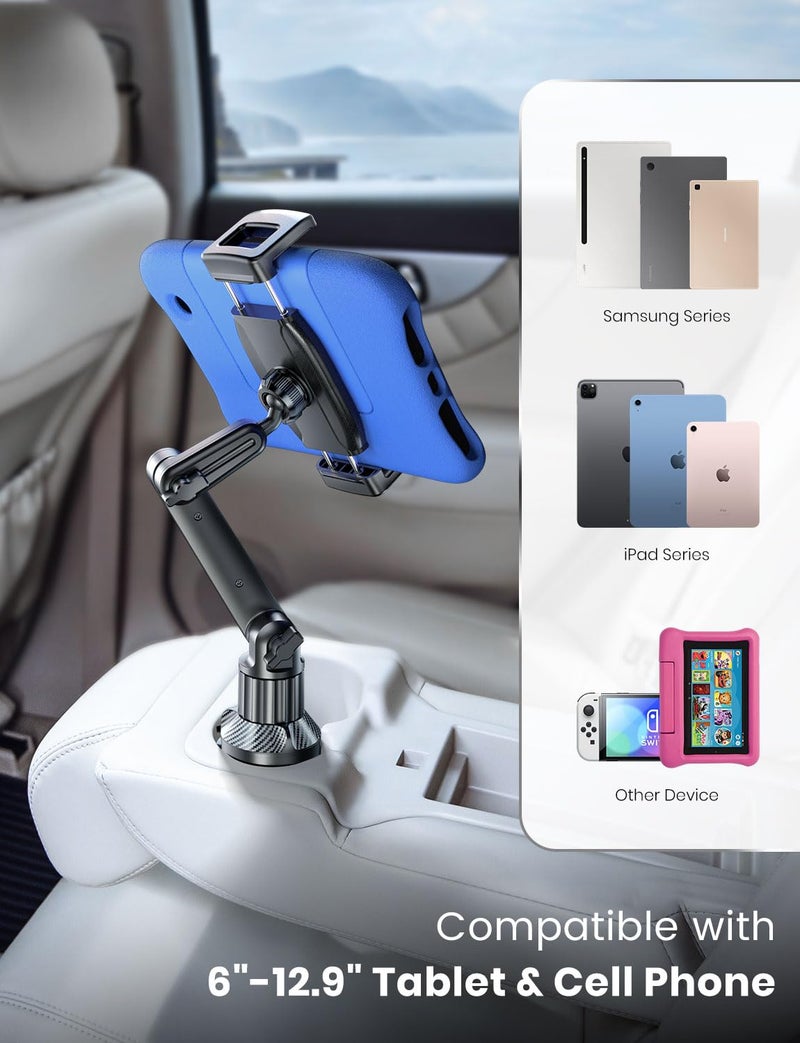eSamcore Tablet Holder for Car, for iPad Cup Holder Car Mount with 1.57" Depth Large Clamp 15" Height Adjustable Tab Mount Holder for 6"-12.9" Cell Phone iPhone iPad Stand Travel Accessories - Image 5