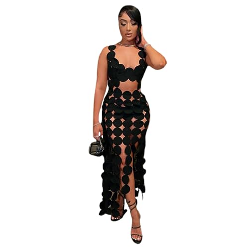 Caviotess Women's Sexy Sleeveless Hollow Out Maxi Dress Tassel See Through Backless Bodycon Party Club Long Dress Black - Image 1