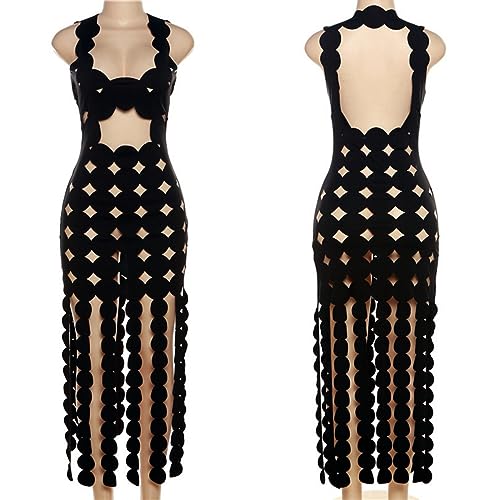 Caviotess Women's Sexy Sleeveless Hollow Out Maxi Dress Tassel See Through Backless Bodycon Party Club Long Dress Black - Image 5