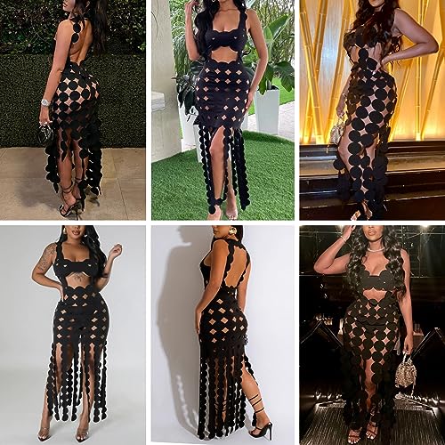 Caviotess Women's Sexy Sleeveless Hollow Out Maxi Dress Tassel See Through Backless Bodycon Party Club Long Dress Black - Image 4