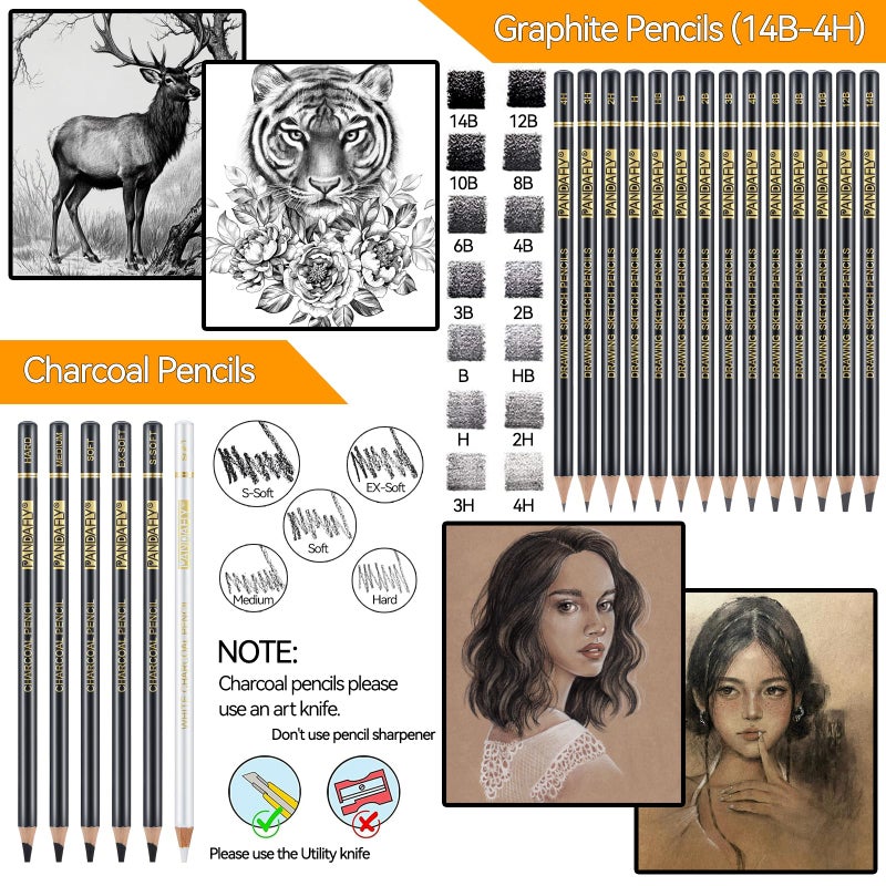 PANDAFLY 26-Piece Professional Sketch Pencil Set - Includes 4H to 14B Graphite Pencils, Charcoal Pencils, Charcoal Sticks, Vinyl Eraser, Kneaded Eraser, Sharpener, Blending Stump - Image 3