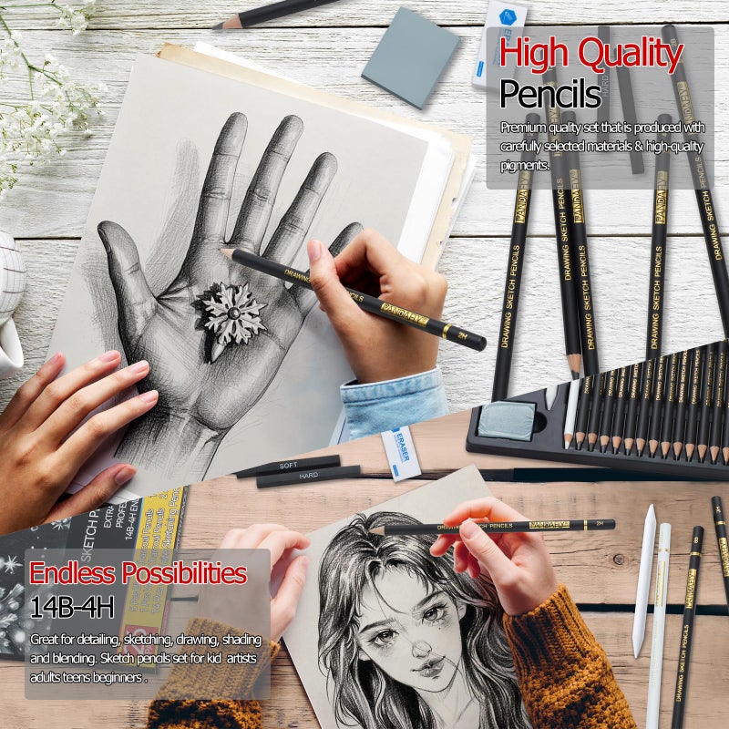 PANDAFLY 26-Piece Professional Sketch Pencil Set - Includes 4H to 14B Graphite Pencils, Charcoal Pencils, Charcoal Sticks, Vinyl Eraser, Kneaded Eraser, Sharpener, Blending Stump - Image 5