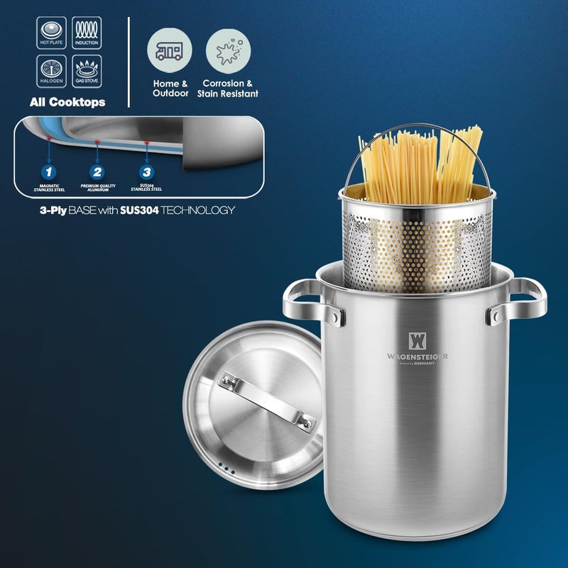 WAGENSTEIGER Premium Stainless Steel Asparagus Steamer Pot or Spaghetti Pasta Stovetop Cooker with Perforated Steamer Basket, Tall & Large Size, Versatile Cookware, 3-Ply Base(4.3Liters/1.14Gals) - Image 5
