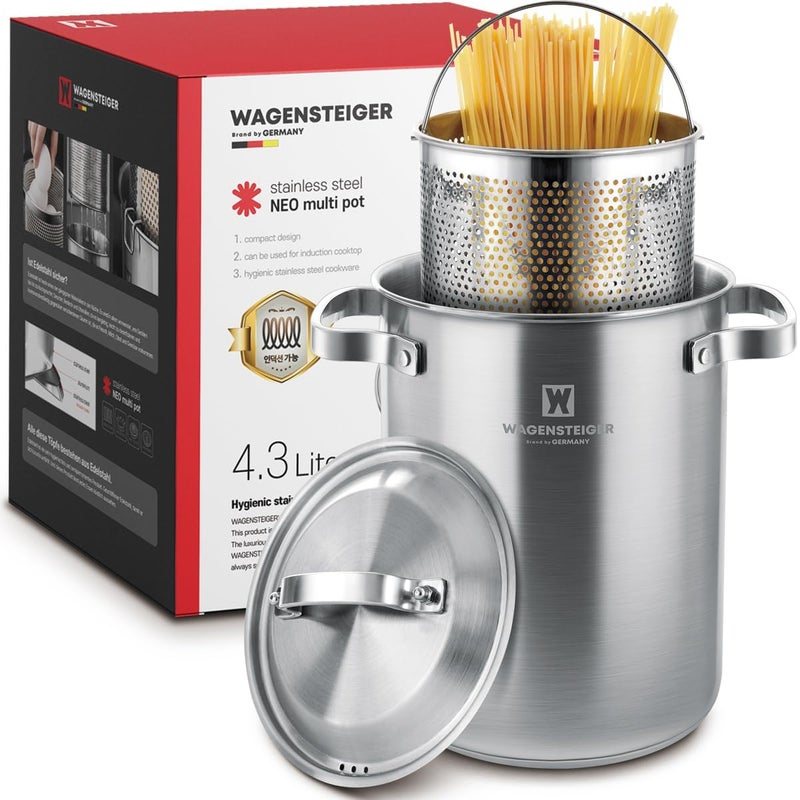 WAGENSTEIGER Premium Stainless Steel Asparagus Steamer Pot or Spaghetti Pasta Stovetop Cooker with Perforated Steamer Basket, Tall & Large Size, Versatile Cookware, 3-Ply Base(4.3Liters/1.14Gals) - Image 1