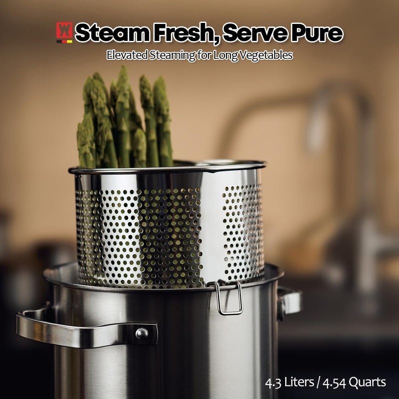 WAGENSTEIGER Premium Stainless Steel Asparagus Steamer Pot or Spaghetti Pasta Stovetop Cooker with Perforated Steamer Basket, Tall & Large Size, Versatile Cookware, 3-Ply Base(4.3Liters/1.14Gals) - Image 3