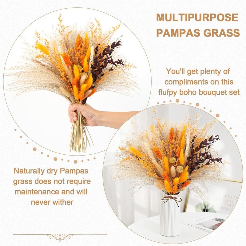 NT NIETING Fall Home Decor 104Pcs Orange Pampas Grass Autumn Dried Flowers Decorations Fluffy Gold Bouquet Fall Wedding Table Centerpieces Rustic Farmhouse Floral Fall Flowers Boho Indoor Outdoor Decor, 17Inch - Image 5