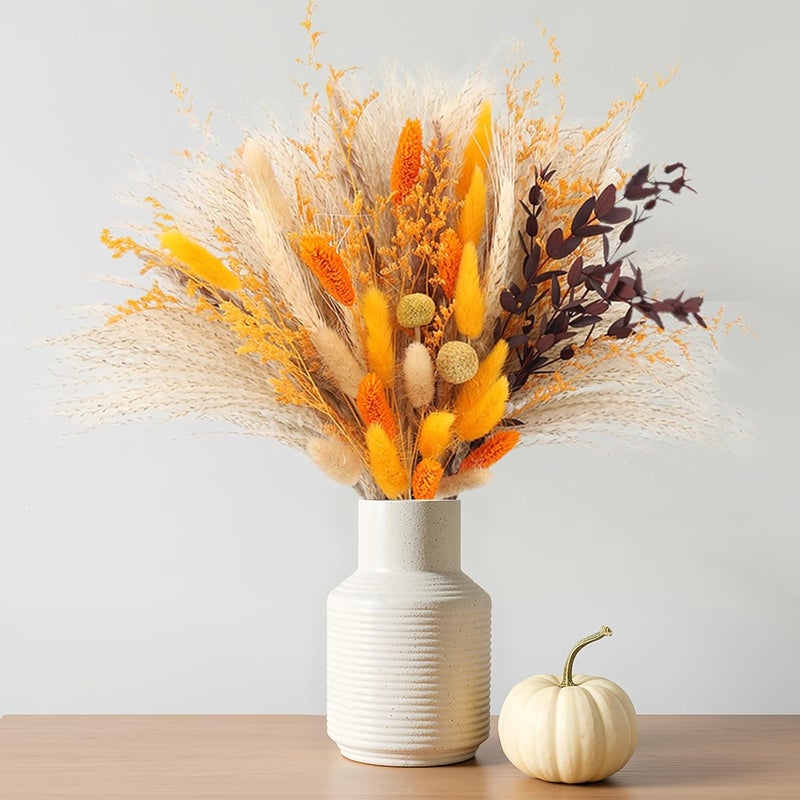 NT NIETING Fall Home Decor 104Pcs Orange Pampas Grass Autumn Dried Flowers Decorations Fluffy Gold Bouquet Fall Wedding Table Centerpieces Rustic Farmhouse Floral Fall Flowers Boho Indoor Outdoor Decor, 17Inch - Image 1