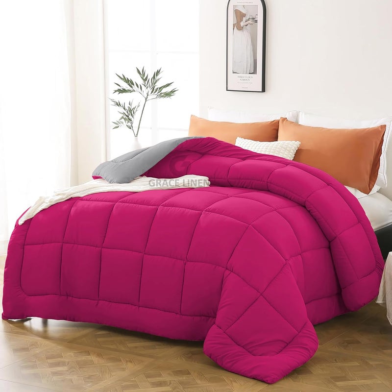 Grace Linen Heavy Winter Comforter Single Size 60X90 600 GSM Winter Blanket ComforterRajaiDuvet Microfiber Super Soft Fluffy Single Size Hot PinkSilver Grey Color - Image 2