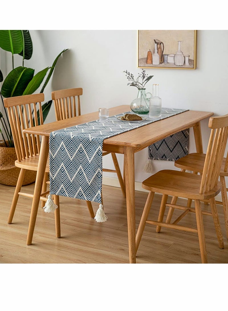 Zikra Table Runner with Tassel, Blue Wavy Stripes Woven Cotton European Tablecloth for Dining Coffee Tv Cabinet Shoe Cabinet, 12x40 Inches - Image 3