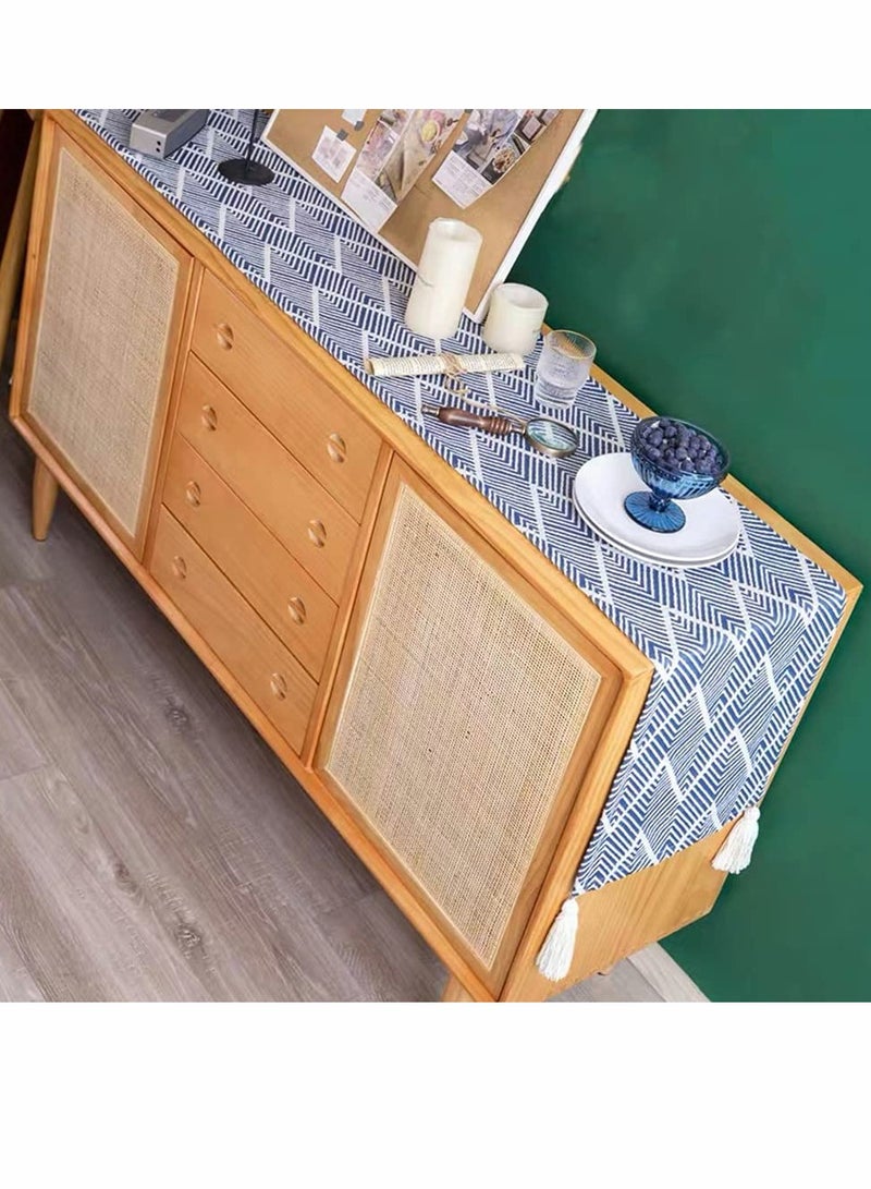 Zikra Table Runner with Tassel, Blue Wavy Stripes Woven Cotton European Tablecloth for Dining Coffee Tv Cabinet Shoe Cabinet, 12x40 Inches - Image 4