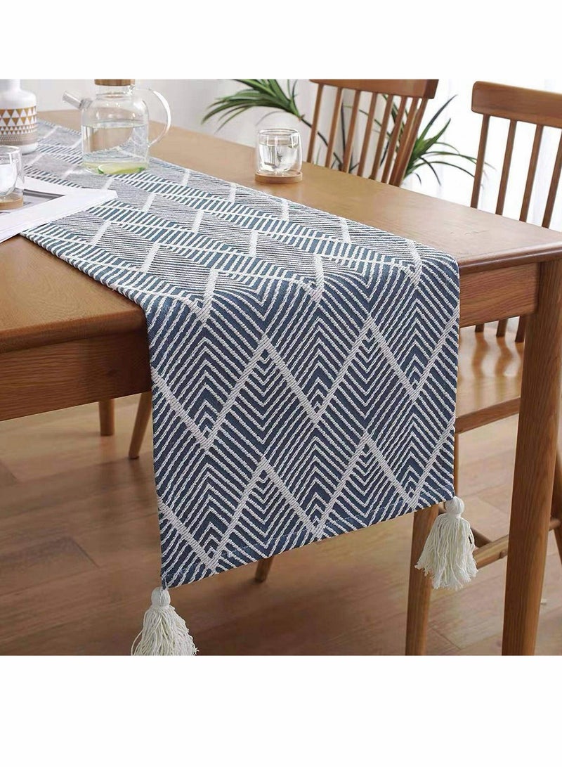 Zikra Table Runner with Tassel, Blue Wavy Stripes Woven Cotton European Tablecloth for Dining Coffee Tv Cabinet Shoe Cabinet, 12x40 Inches - Image 1