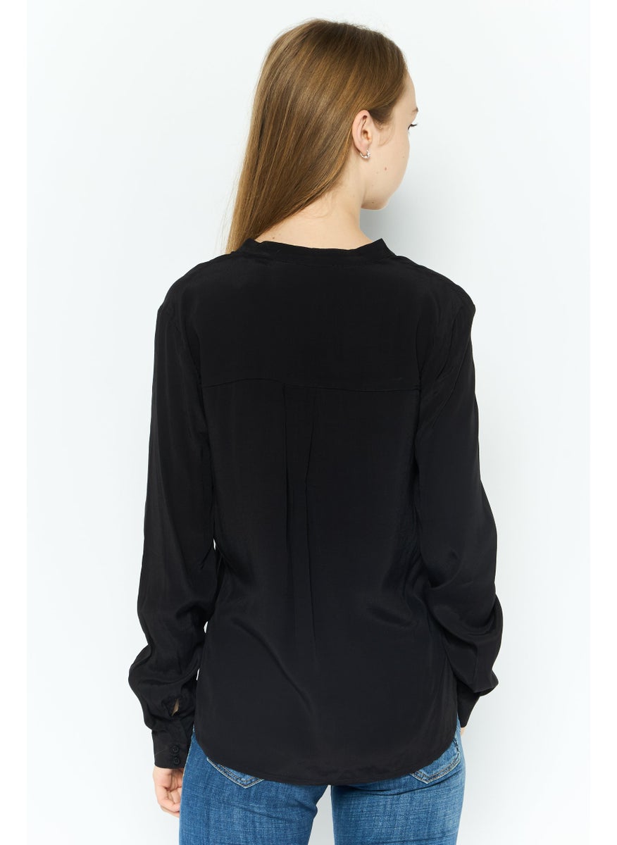 ESPRIT Women Split Neck Long Sleeves Plain Top, Black  - Image 3