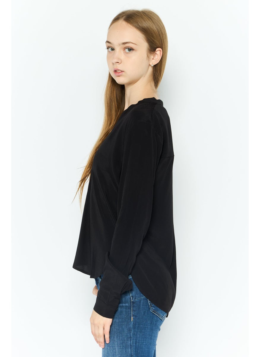 ESPRIT Women Split Neck Long Sleeves Plain Top, Black  - Image 4