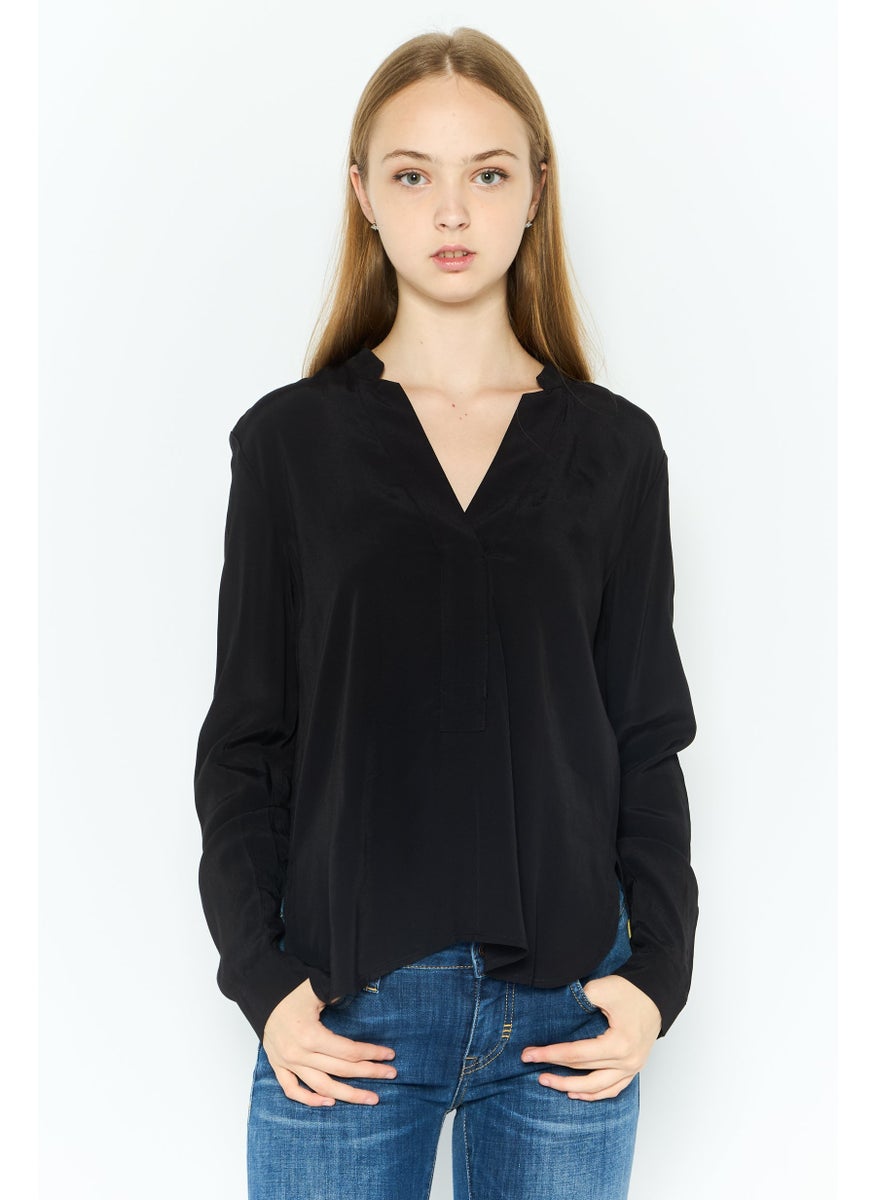 ESPRIT Women Split Neck Long Sleeves Plain Top, Black  - Image 1
