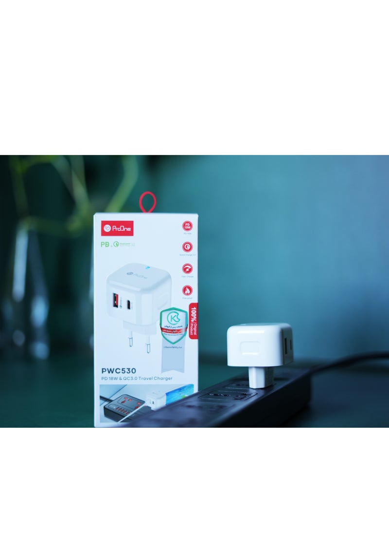ProOne - ProOne 18W PD Fast Charger, Compact Square Design, Dual USB-A & Type-C, QC 3.0, Safe Charging, Compatible with iPhone, Galaxy, iPad, Pixel, Huawei, Xiaomi & More - Image 1