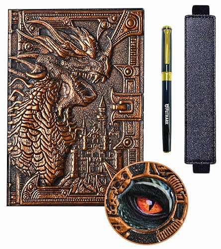 Futhark DND Notebook/Journal - 200 Pages with 3D Bronze Dragon Embossed Faux Leather Cover with Pen and Pen Holder - Ideal for Dungeons & Dragons/D&D. Great RPG Accessories Gift for DM & Players - Image 1