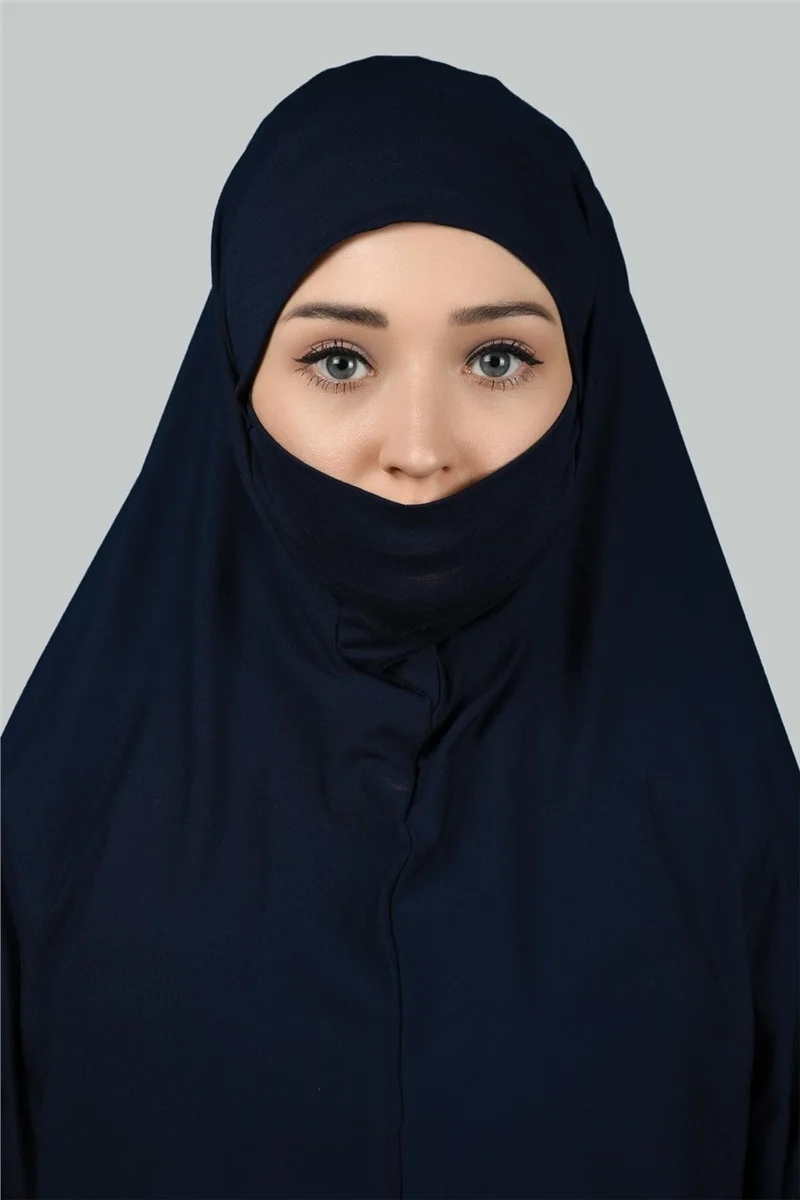 التوبة Ready-made Turban Practical Scarf with Veil Hijab with Nikap - Prayer Cover Soufflé (3Xl) - Navy Blue