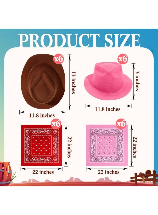 Haysandy 24 Pieces Western Cowboy Hat Set, Felt Cowboy Themed Party Hats with Paisley Bandanas for Adult Kids Costume Party(Brown, Pink, Red) - Image 2