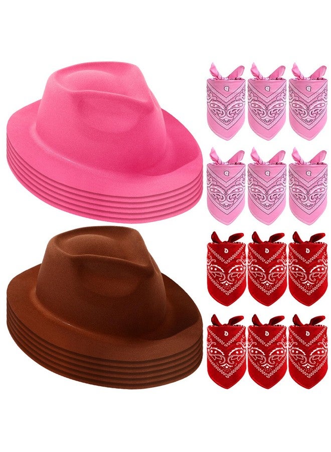Haysandy 24 Pieces Western Cowboy Hat Set, Felt Cowboy Themed Party Hats with Paisley Bandanas for Adult Kids Costume Party(Brown, Pink, Red) - Image 1