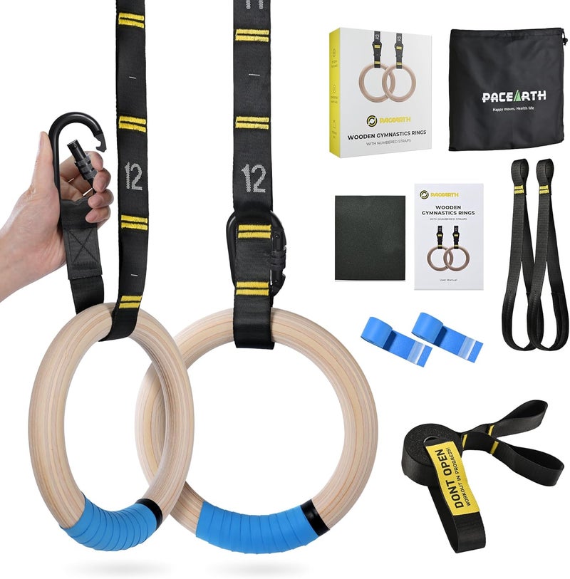 PACEARTH Gymnastics Rings - 32mm Wooden Olympic Rings with 1500lbs Capacity, Non-Slip Straps, and Accessories for Home Gym - Image 1