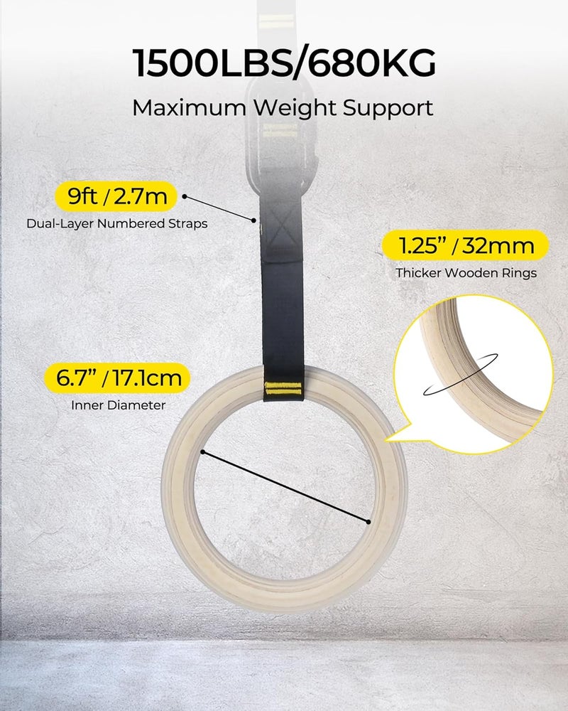 PACEARTH Gymnastics Rings - 32mm Wooden Olympic Rings with 1500lbs Capacity, Non-Slip Straps, and Accessories for Home Gym - Image 4