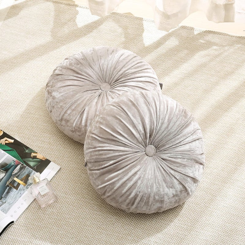 Verpert Pack 2：Round Floor Cushions Pillow, Solid Color Velvet Meditation Cushion Pumpkin Pleated Meditation Pillow for Home Sofa Bed Car Decor Floor Pillow Cushion Beige - Image 5