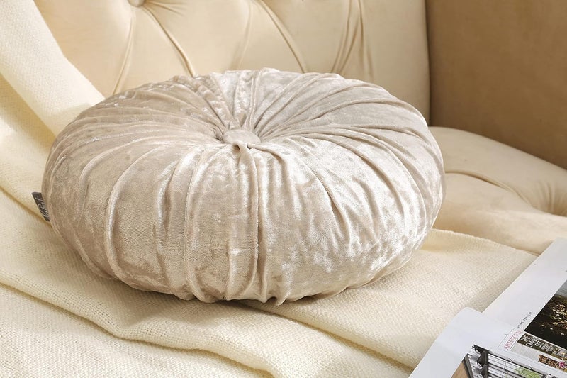 Verpert Pack 2：Round Floor Cushions Pillow, Solid Color Velvet Meditation Cushion Pumpkin Pleated Meditation Pillow for Home Sofa Bed Car Decor Floor Pillow Cushion Beige - Image 3