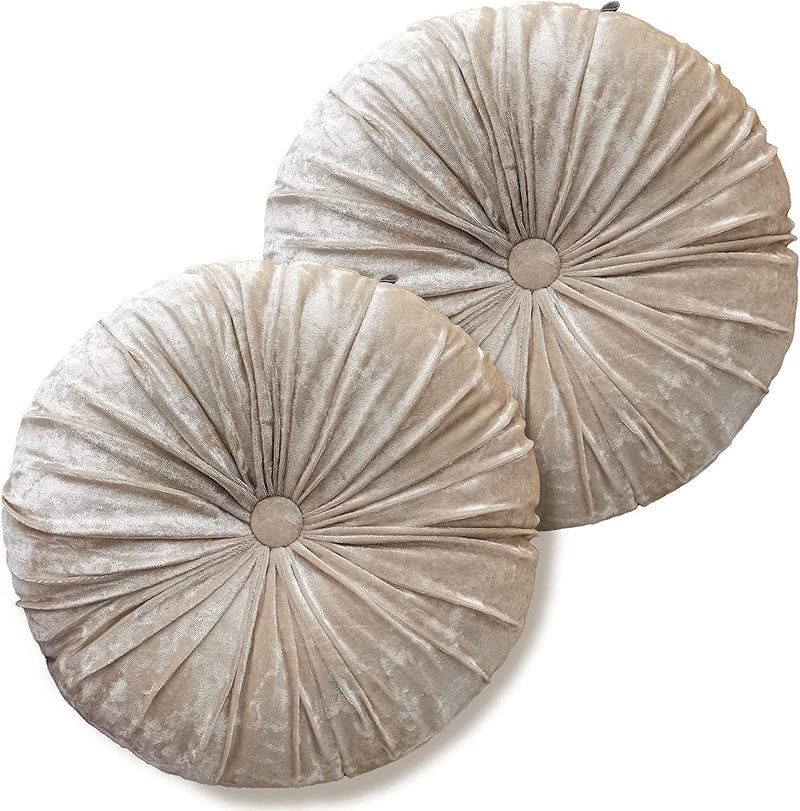 Verpert Pack 2：Round Floor Cushions Pillow, Solid Color Velvet Meditation Cushion Pumpkin Pleated Meditation Pillow for Home Sofa Bed Car Decor Floor Pillow Cushion Beige - Image 1