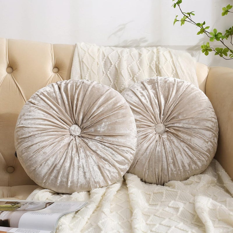 Verpert Pack 2：Round Floor Cushions Pillow, Solid Color Velvet Meditation Cushion Pumpkin Pleated Meditation Pillow for Home Sofa Bed Car Decor Floor Pillow Cushion Beige - Image 2
