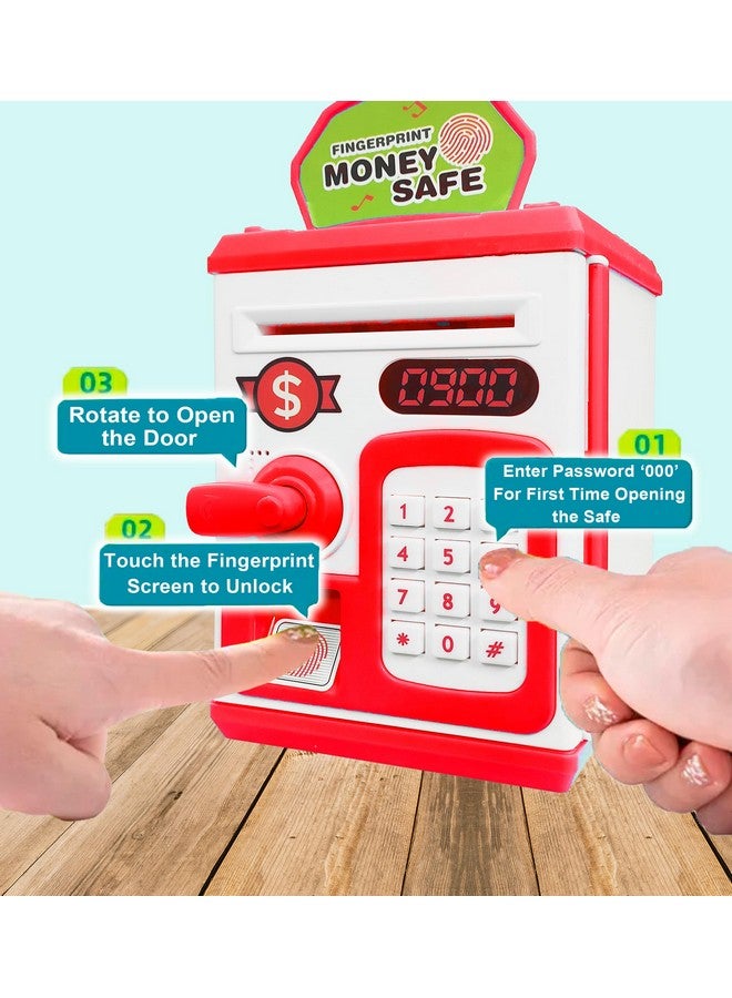vGRASSP VGRASSP Money Safe Piggy Bank (The Gullak) Toy for Kids and Adults with 3 Step Unlock - Feed Number Password Touch Finger Sensor Then Twist Handle to Open The Door (Red - White) - Image 2