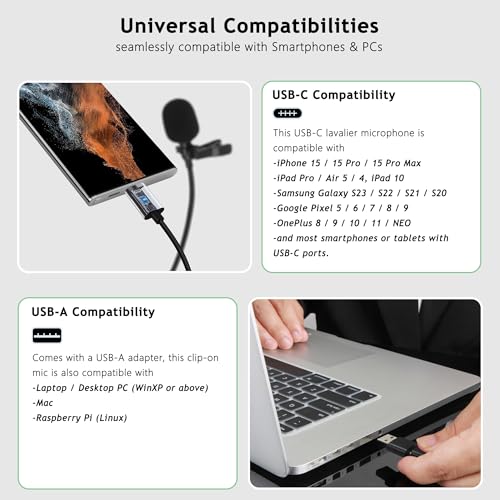 DUNGZDUZ USB C Lavalier Microphone, Omni Condenser Clip-on Mic for iPhone 17/16/15, Samsung, Google, Oneplus, with USB-A for Computer & Laptop, 6.6FT, External Lapel Mic for Youtube, Interview & Podcast - Image 5
