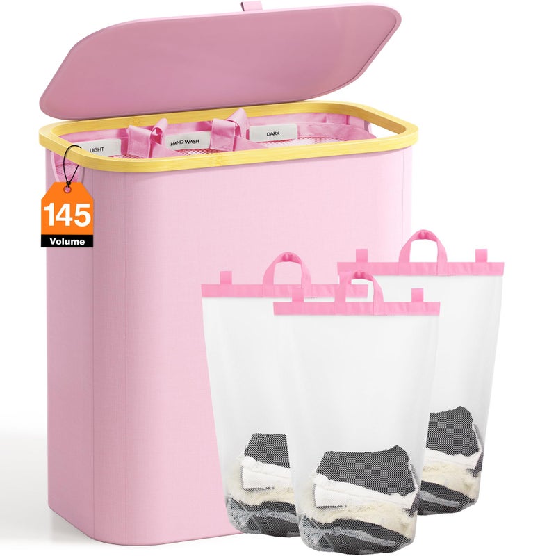 Hampers for Laundry Basket with Lid 145L Extra Large 3 Section Clothes Divided Organizer for Bedroom Laundry Room Dirty Clothing Hamper Pink
