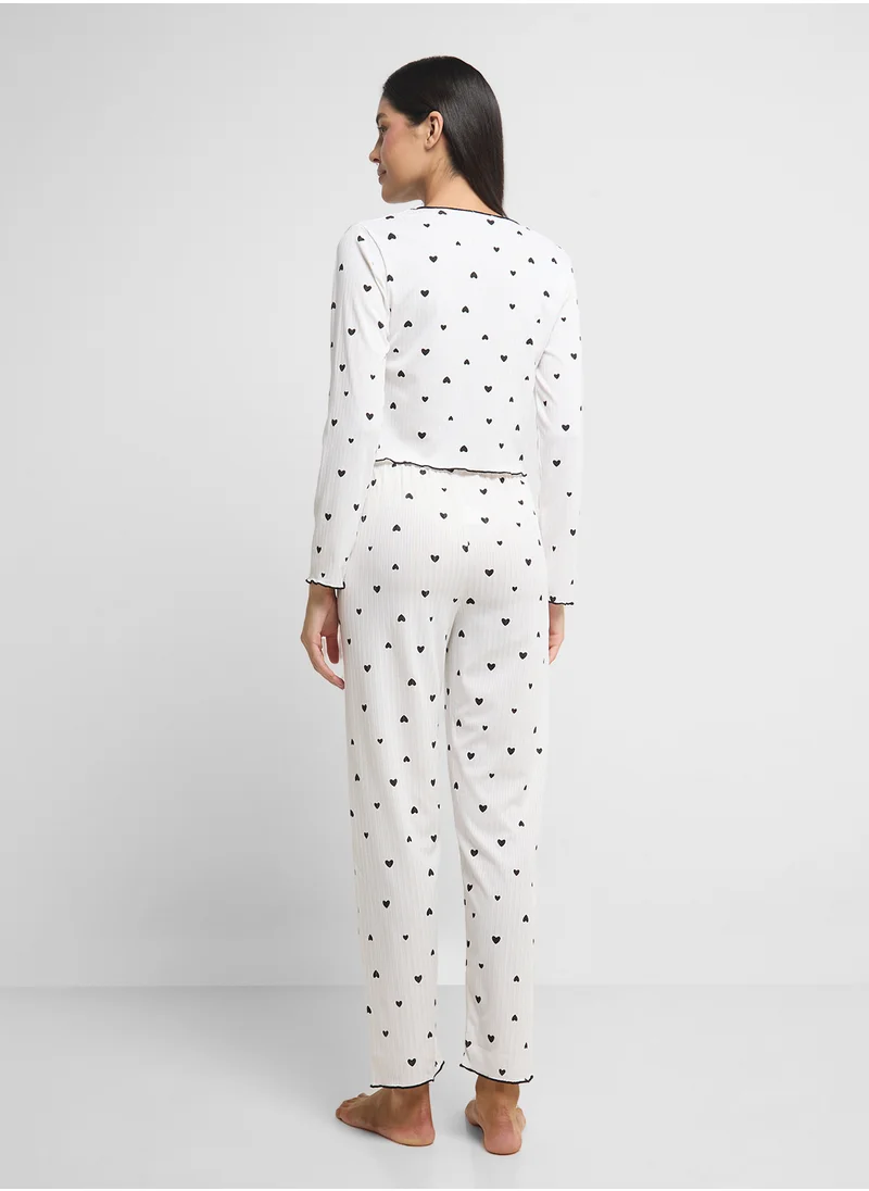 جينجر Heart Print T-Shirt & Pyjama Set