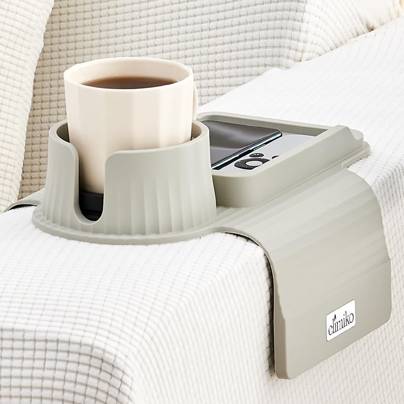 Couch Cup Holder Tray Elimiko Silicone Sofa Drink Holder with Large Cup Holder and Tray for Oversized MugsLong RemoteSnacksCellphone Griege