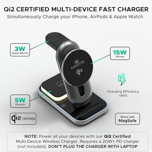 Amkette PowerPro Air 920, 3-in-1 Qi2 Certified 23W Magsafe Wireless Charger for iPhone | Compatible with iPhone 16,15,14,13,12 Series | AirPods 4th,3rd,2nd Gen/Pro | Apple Watch 10/9/8/7/6/5/SE/Ultra - Image 3