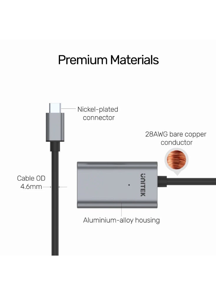 UNITEK كابل تمديد نشط USB-C بطول 5 متر بسرعة 5 جيجابت في الثانية، هيكل من الألمنيوم ومنفذ طاقة DC إضافي - Image 4