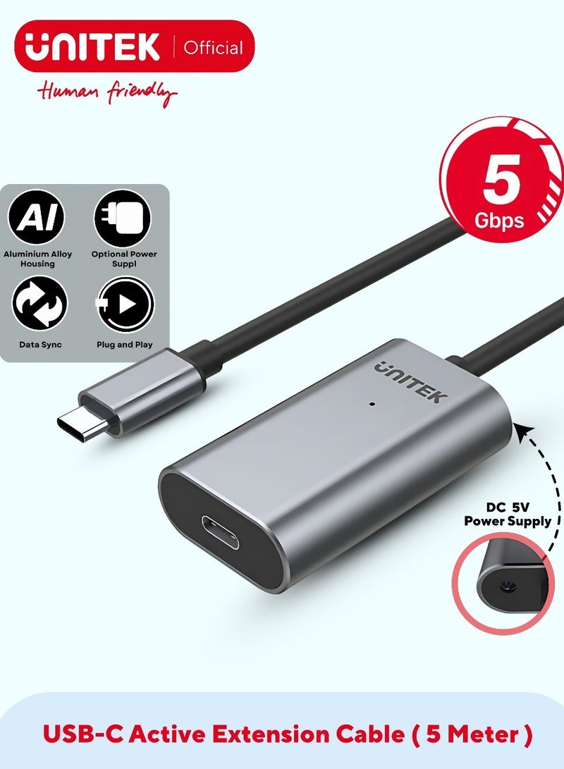 UNITEK كابل تمديد نشط USB-C بطول 5 متر بسرعة 5 جيجابت في الثانية، هيكل من الألمنيوم ومنفذ طاقة DC إضافي - Image 1